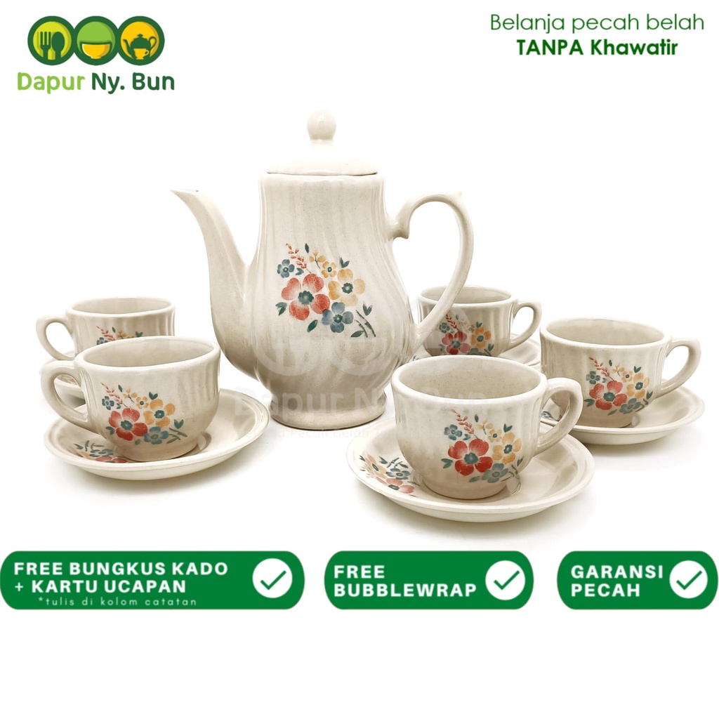 TEAPOT-TEKO SET GELAS CANGKIR TEH KERAMIK KACA KLASIK CHINESE NIKURA MOTIF BUNGA - TEKO & TUTUP - 5 
