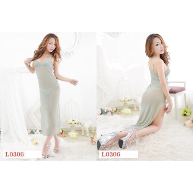 L0306 - Lingerie Long Gown Hijau Transparan