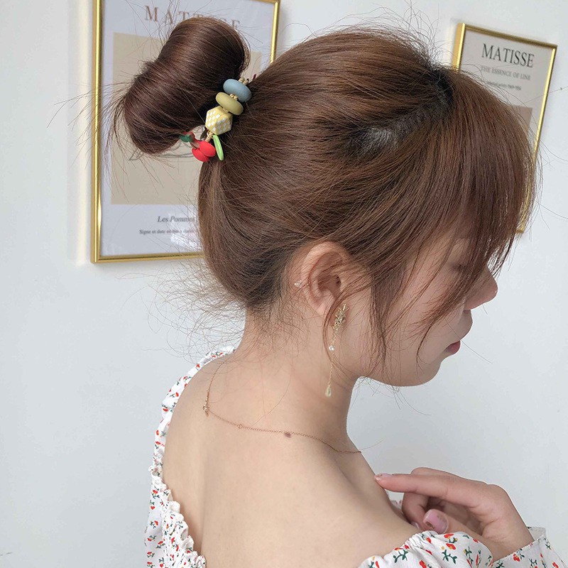 BRGUNIK Ikat Rambut Aksen Manik Buah Gaya Korea Untuk Wanita / Ikat Rambut Bahan Karet Aksen Buah Gaya Korea R556