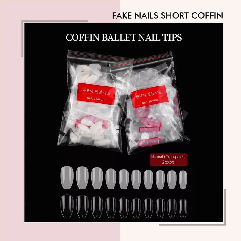 Fake nails Short coffin ballerina 500pcs kuku palsu coffin pack natural cream clear transparant