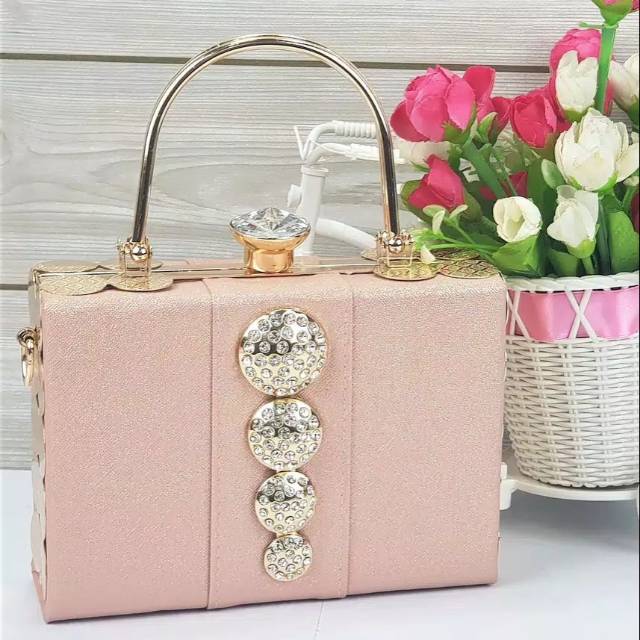 tas pesta kotak square box clutch import pink peach salem glitter perlengkapan pesta nikah