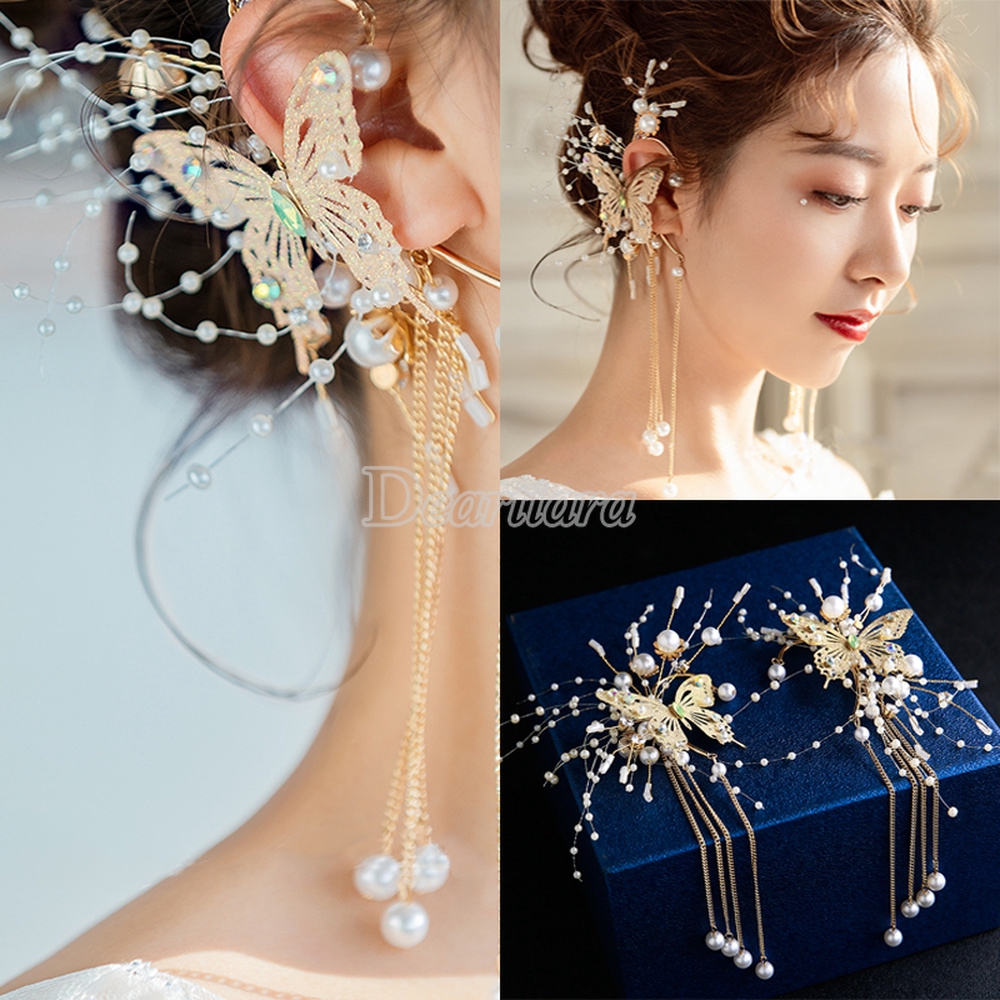 Bridal Jewelry Side Earhook Hair Accessories Golden Butterfly Tassel Jewelry Korean Style Wedding Dress Accessories