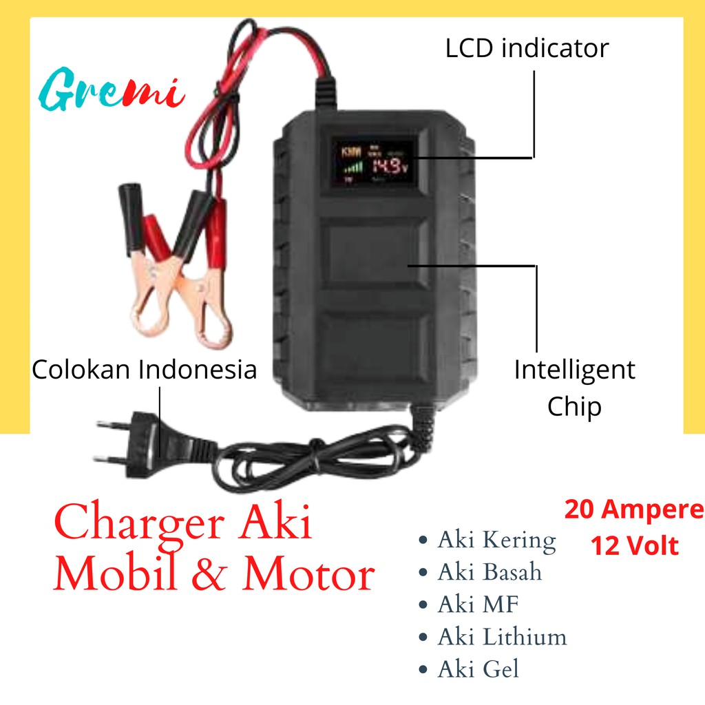 Charger Aki Portable 20A 12V Carger Aki Accu Motor Mobil Sparepart Listrik Indikator Casan 20 a