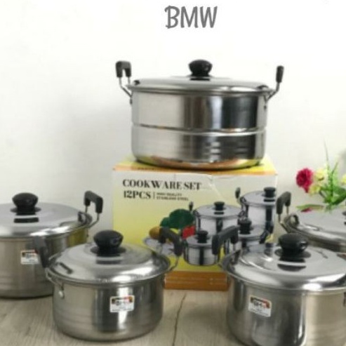 Panci Isi 5 Set Stainless Steel / Panci Haight Pot Tutup Kaca Dan Sarangan