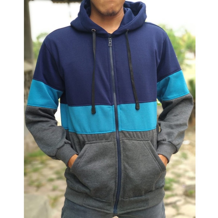 Jaket Zipper 3D Polos Warna Kombinasi Navy Turkis Abu Tua untuk Unisex Zipper Pria Wanita