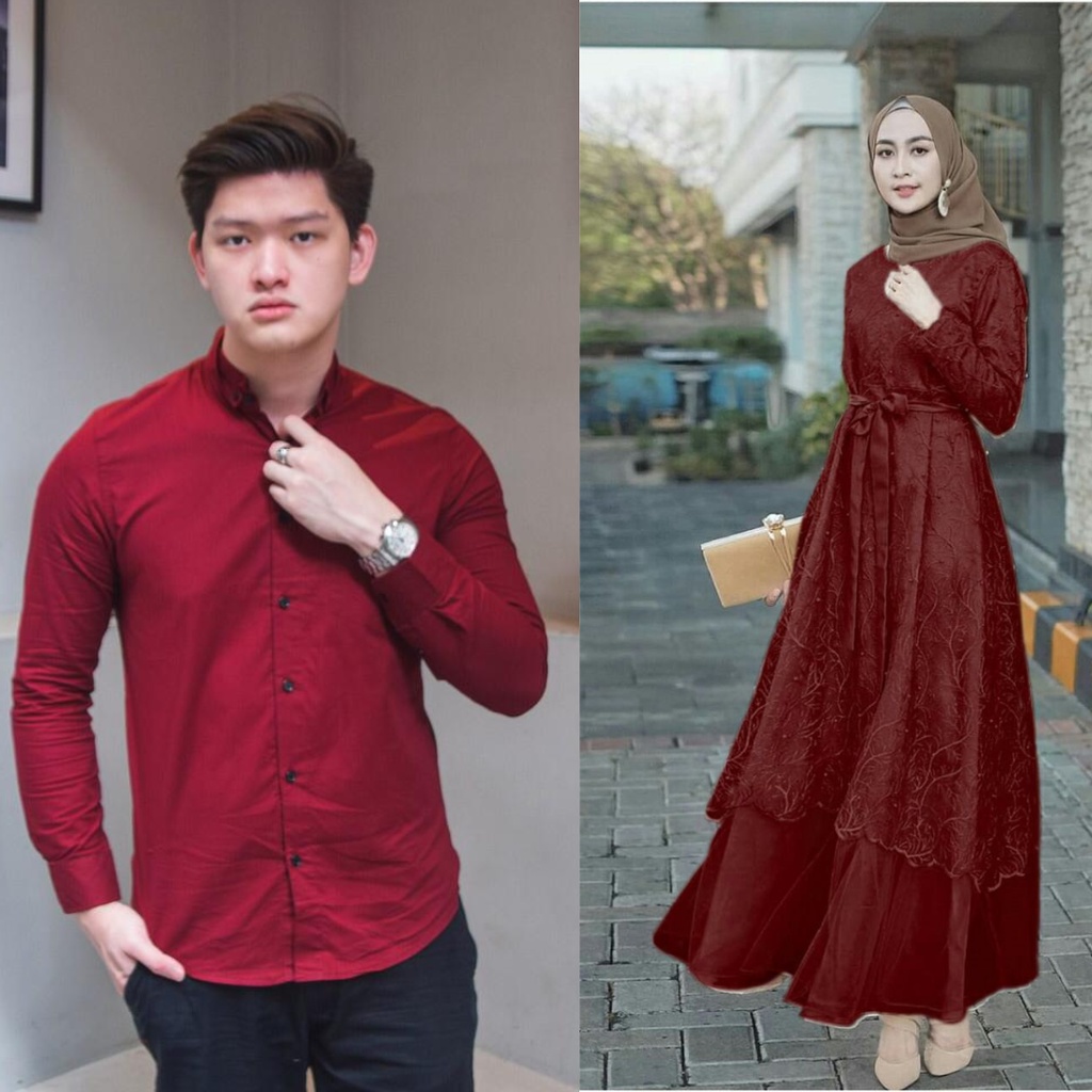 JUMBO - Baju Couple Gamis Brukat Modern Couple Batik Gamis Tunangan Baju Batik Gamis Brukat Couple Brukat Kemeja Polos Premium