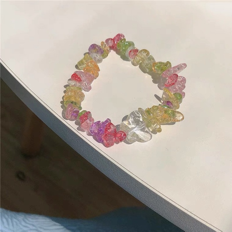 Gelang Manikmanik Batu Alami Warna Pelangi Bandul Kupukupubunga Kecil Elastis Untuk Wanita