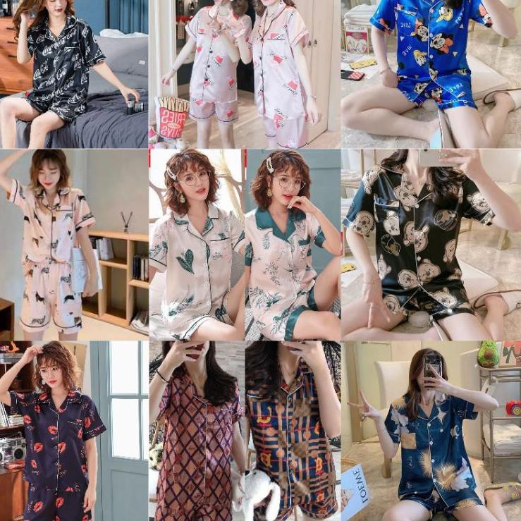 ☛ baju tidur satin import piyama satin motif baju tidur celana pendek pajamas satin ●
