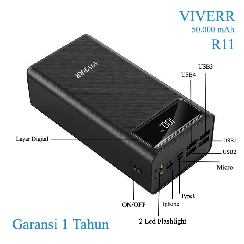 Powerbank VIVERR R11 kapasitas 50.000 mAh 4USB Output With 2Flashlight Original Garansi 1Tahun.