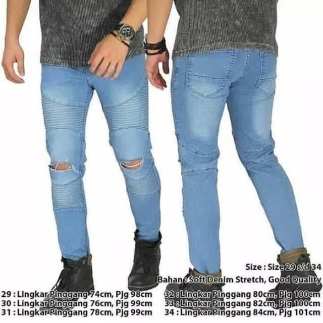 Double biker ripped sky blue jeans long pants celana panjang •ic36