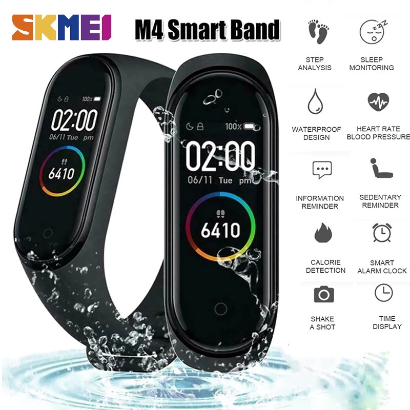 SKMEI M4 Smart Band Smartwatch Pria wanita Jam Tangan Pintar LED Bluetooth Heartrate Monitor M4 New M4 Smart Band Wristband Watch Fitness Tracker Bracelet Color Touch Sport Heart Rate Blood Pressure Monitor Men Women Sync for Android IOS Xiaomi Mi Band