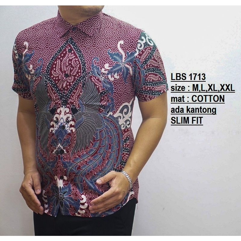 BatikBule Kemeja Batik Pria Slimfit Lengan Pendek Warna Merah Motif burung LBS 1317