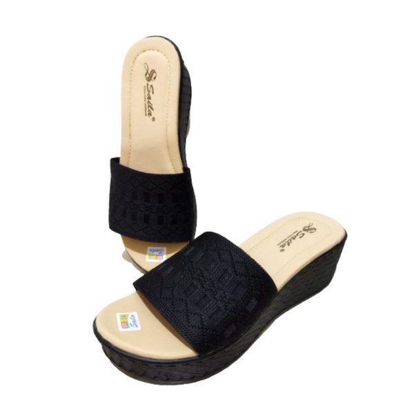 sandal wanita wedges slop turki rajut kotak merek saila hak 5cm