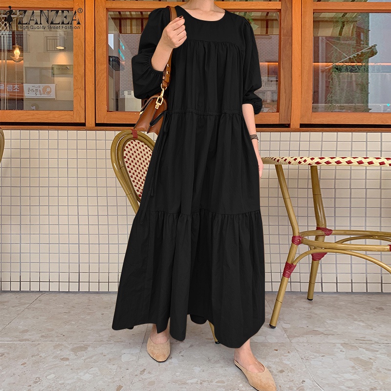 ZANZEA Women Korean Style Fashion Long Sleeve O-Neck Loose Ruffled Hem Maxi Dresses