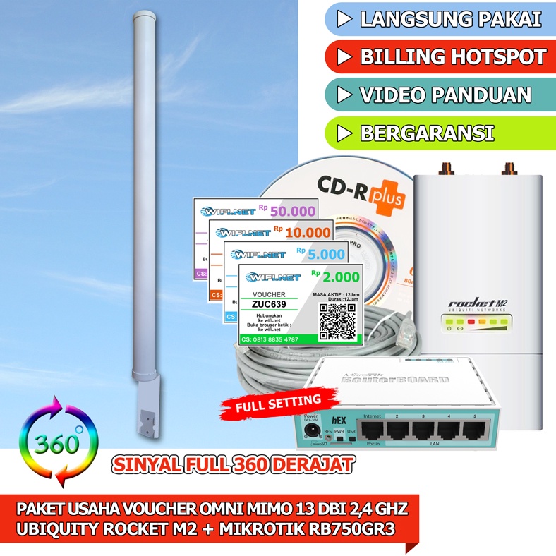 Paket alat usaha wifi Hotspot Sistem Voucher RT RW NET 5 Km Omni Mimo 13 dbi sinyal full 360 derajat