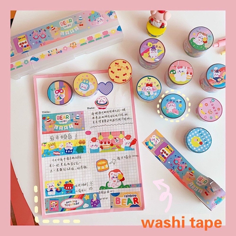 SELOTIP KERTAS JEPANG LUCU CUTE WASHI MASKING TAPE FANCY KARAKTER KARTUN HEWAN BERUANG KELINCI IMUT 