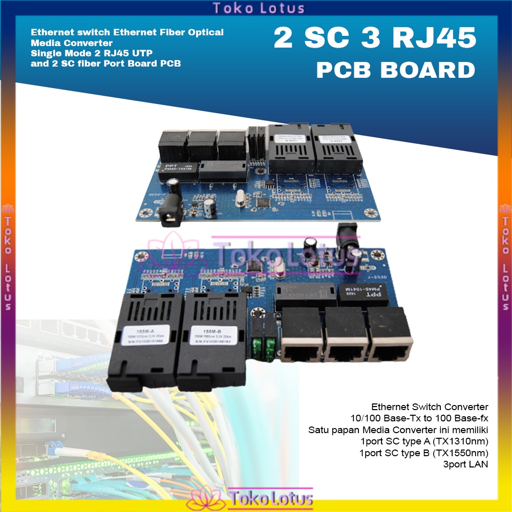 [Bisa Bayar Ditempat] 10 / 100Mbps 2 SC 3 RJ45 PCB Board Single Mode Fast Ethernet Fiber Optical