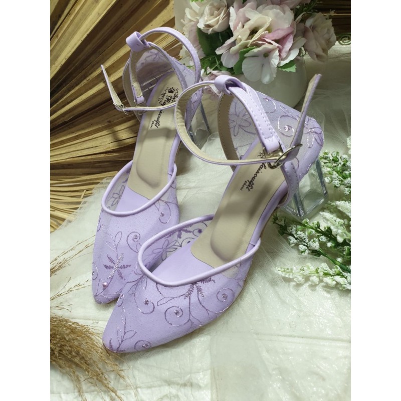 sepatu nataly lilac tali jaring 7cm kaca