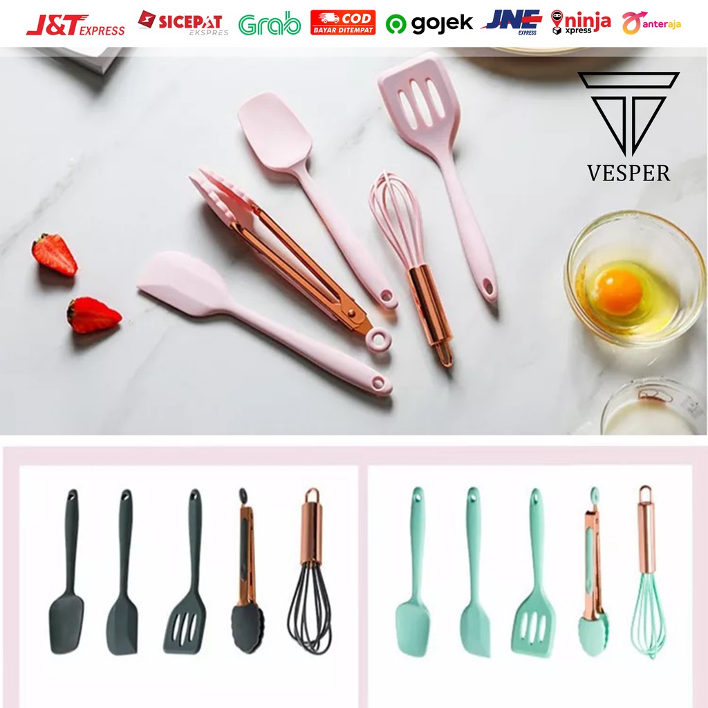 silicone kitchen utensils mini 5in1 / alat masak silikon set spatula sutil egg beater food clip set-1