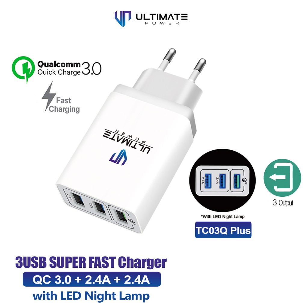 Batok Charger 3 Usb Super Fast Charger With LED Night Lamp TC03Q Plus Original100%