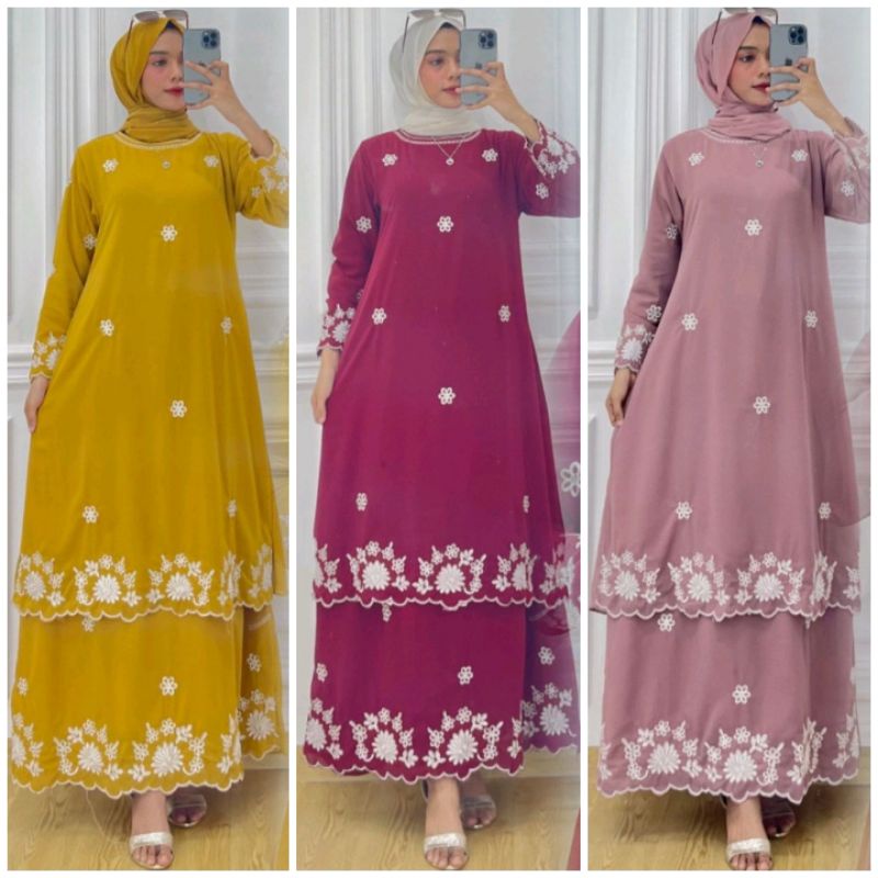 Gamis Melayu Bordir Solder Tingkat Ceruty Babydoll Premium Longdress Wanita Baju Kurung Seragaman Ar