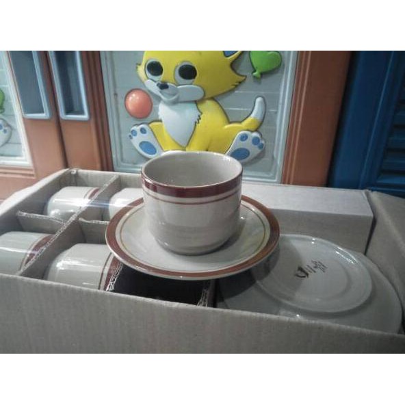 Dijamin Miring harga - CANGKIR KERAMIK/GELAS KERAMIK SET 6 PCS +TATAKAN MERK LUCKY -Coklat Muda
