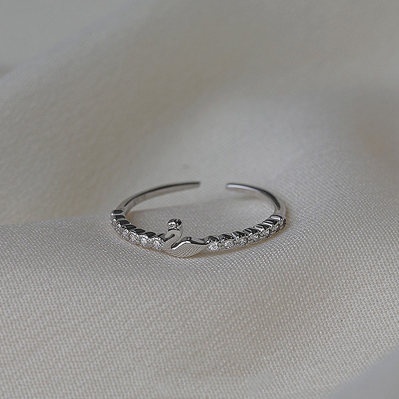 Cincin Sterling Silver S925 Model Terbuka Desain Angsa Kecil Aksen Berlian Gaya Korea Untuk Wanita