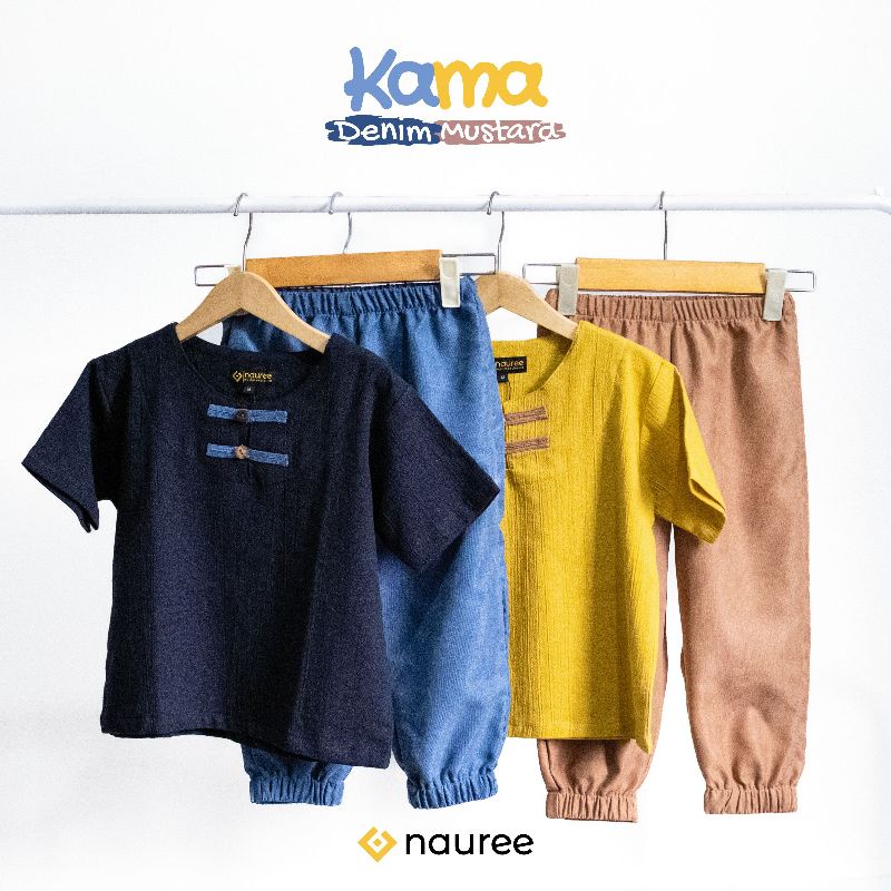 Nauree - Baju Setelan Anak Laki Laki Kama Untuk Usia 1 2 3 4 5 6 7 8 Tahun Warna Mustard Demin Polos Bahan Linen Crinkle &amp; Baby Coduroy Kualitas Premium Untuk Jalan Jalan Lembut Modern Lucu Trendy Murah Jahitan Rapih