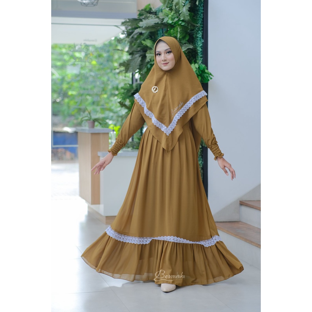 Gamis CERUTY renda putih SET KHIMAR LAYKA ori bermerks syari haji umroh branded modis modern