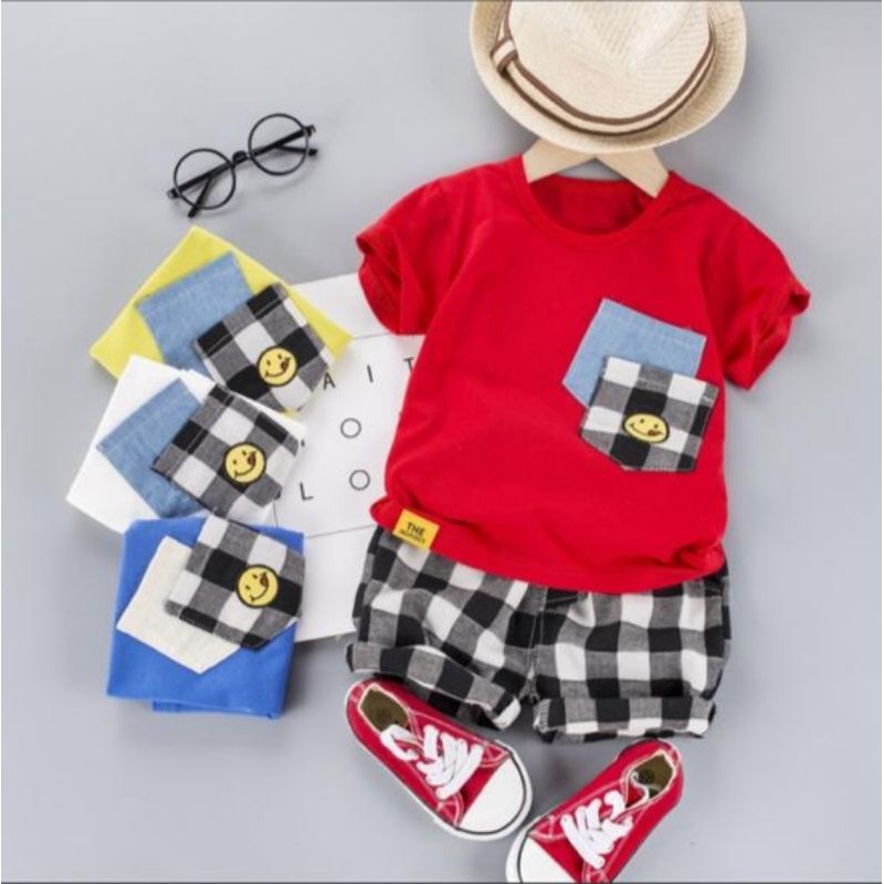 Mamamoli Baju setelan kaos anak laki laki / bayi / baby import/impor lucu poket  smile mm25