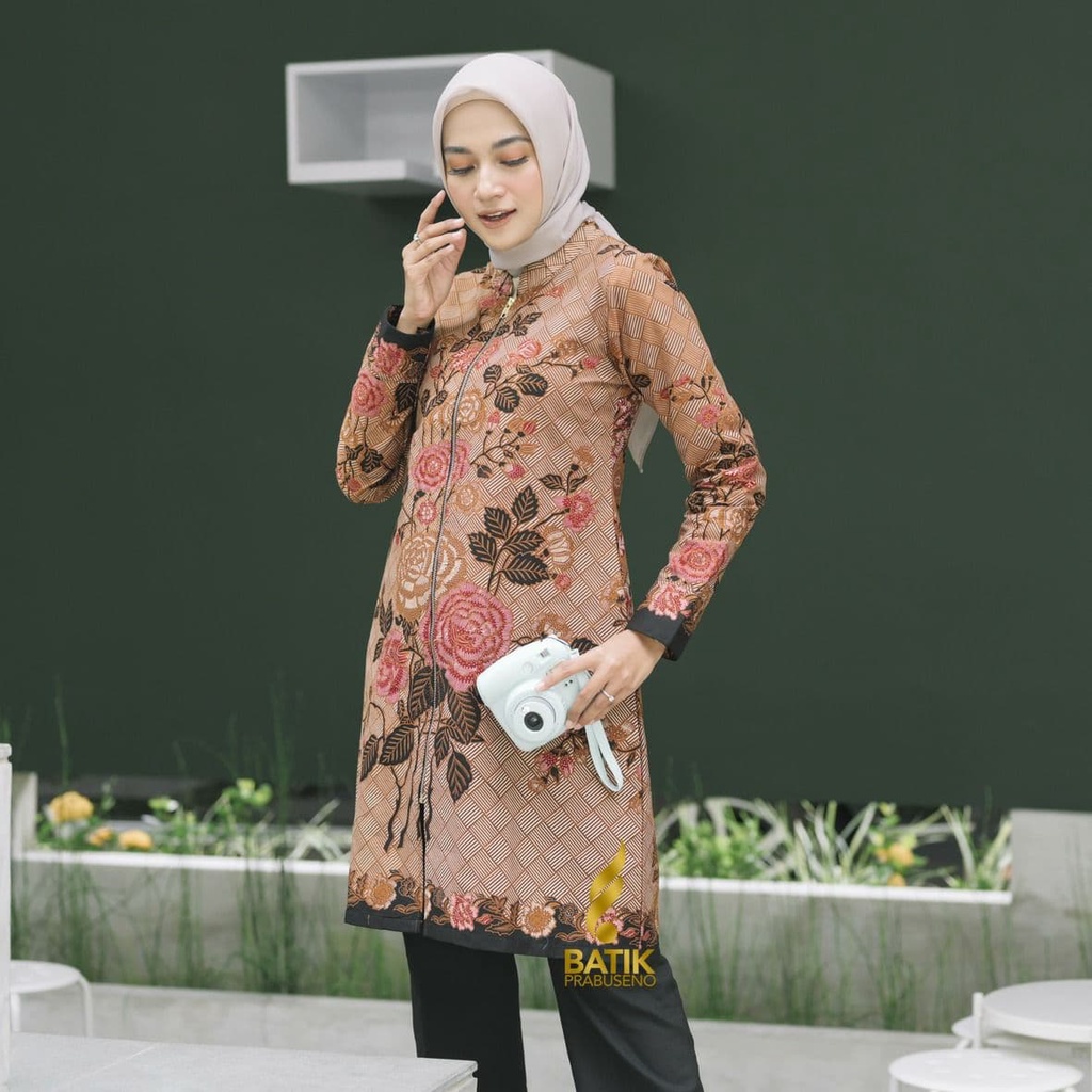 Batik Prabuseno | Tunik ENCIM Baju Batik Kerja Wanita Modern Atasan Tunik Lengan Panjang Bahan Katun