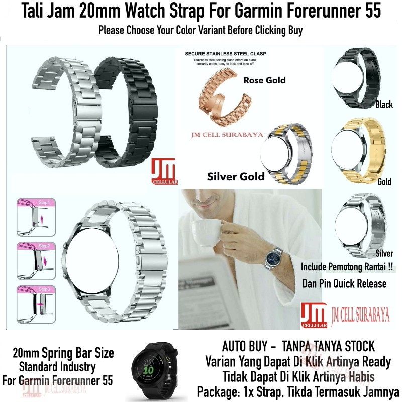 Tali Jam 20mm Watch Strap Garmin Forerunner 55 - Stainless Steel Strong