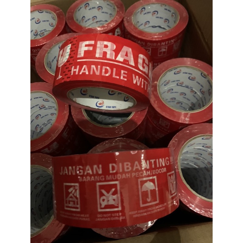 LAKBAN FRAGILE MERAH JANGAN DIBANTING FULL 100 METER 110 YARD