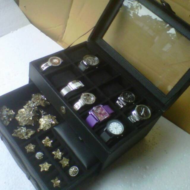 Full Black Watch Box Organizer Mix Accesories Drawer