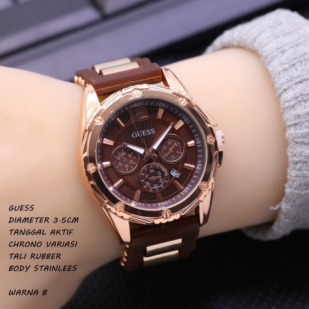 Jam Tangan Wanita/Cewek Guess Tali Rubber Tanggal Aktif Chrono Variasi