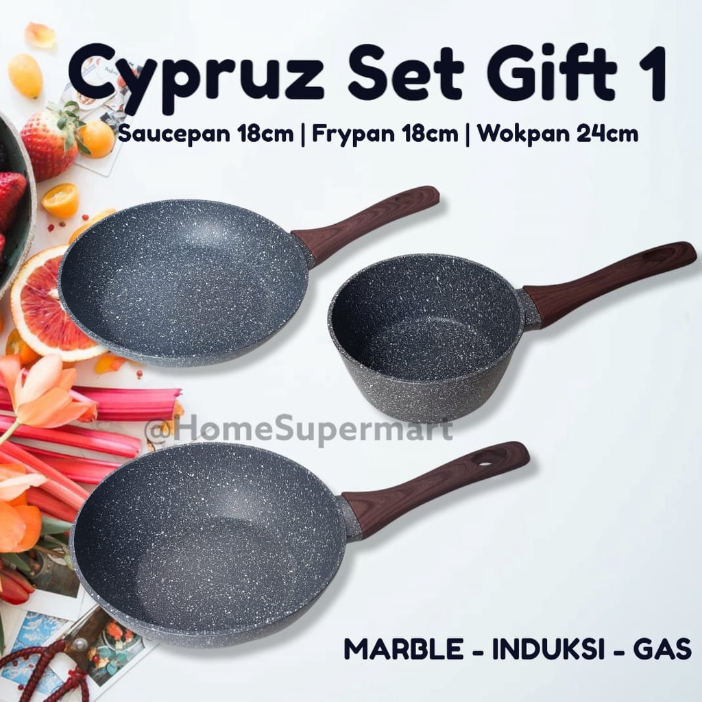 Cypruz Panci Set Lebaran Grey Marble Wokpan Frypan Penggorengan Abu Keramik Frying Pan Anti Lengket 