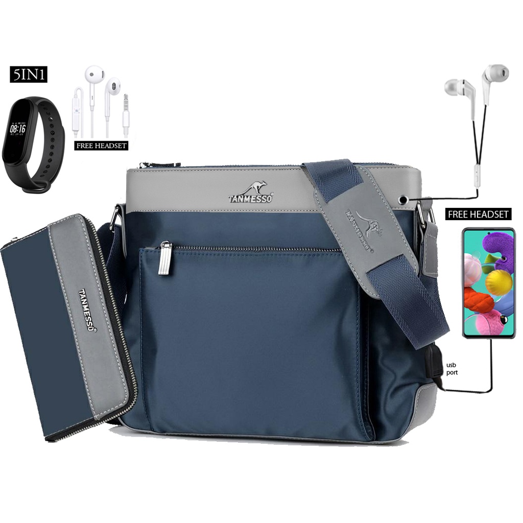 5IN1 TAS BONUS JAM &amp;DOMPET,USBPORT &amp;HEADSET -TAS SELEMPANG PRIA sling bag usb port