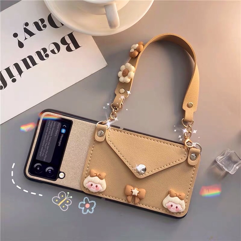 Bluepinkco READY STOCK LANGSUNG KIRIM Samsung Z Flip 3 Leather Case Gold Emas Kulit Twin Girl Rabbit