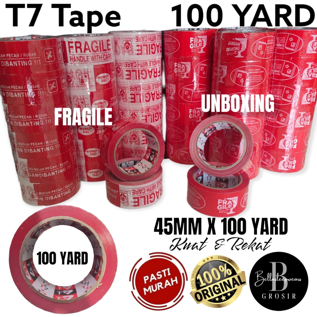 45 MM X 100 YARD - MURAH - LAKBAN T7 TAPE MERAH FRAGILE / UNBOXING ISOLASI / PLAKBAN / SELOTIP PEREKAT ROLL