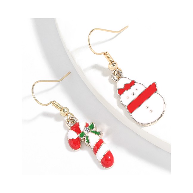 LRC Anting Natal Fashion Christmas Cane Snowman Alloy Dripping Christmas Cane Snowman Asymmetrical