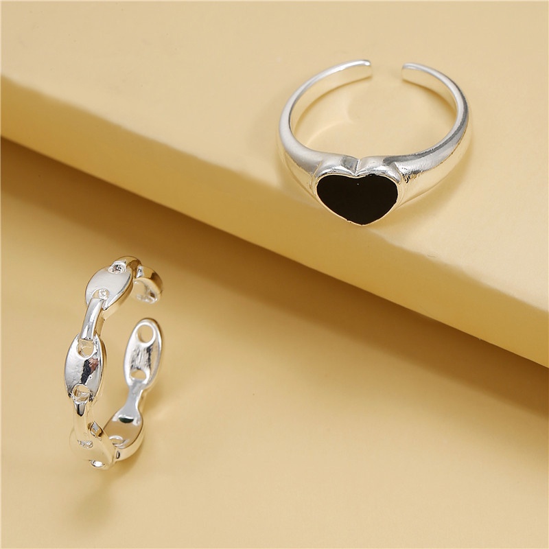 COD✨2 Pcs Cincin Korea Silver Gaya Cinta Hitam Aesthetic Ring Pria Keren Untuk Wanita Aksesori Fashion