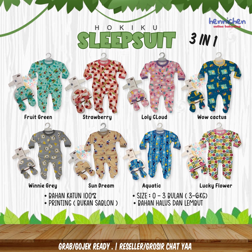 MOTIF BARU YAA  TERMURAH 3 in 1 HOKIKU Set sleepsuit topi sarung tangan SNI