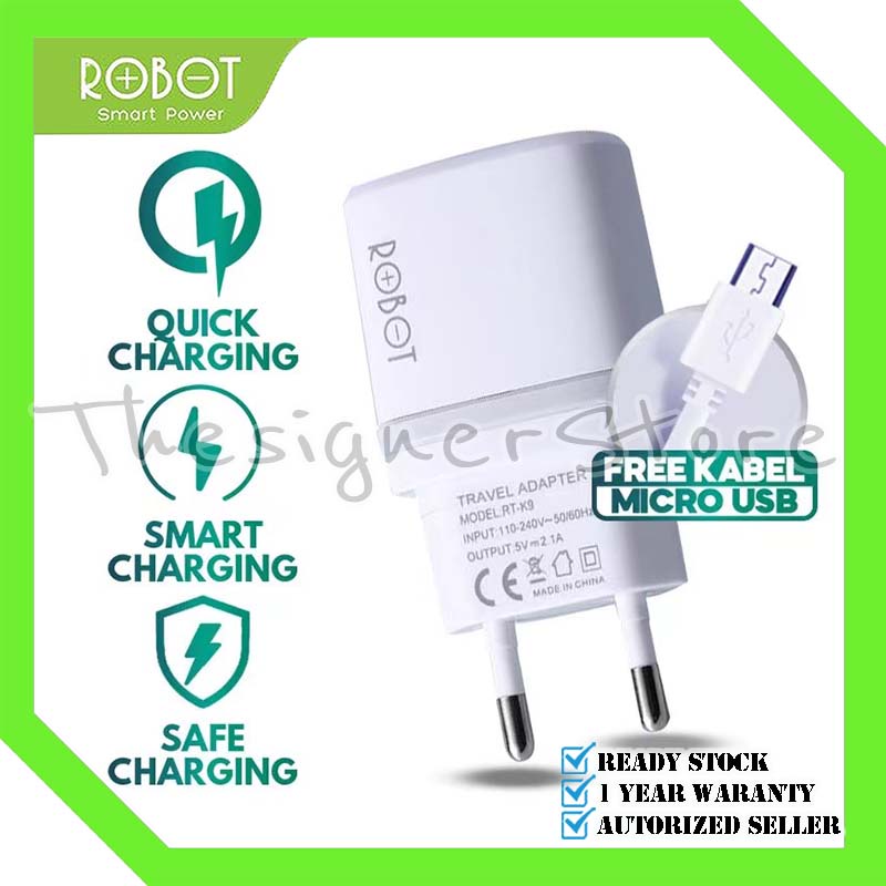 Charger Robot RT-K9 Fast Charging 2.1A Kabel Micro USB Dual Output - Garansi 1 Tahun