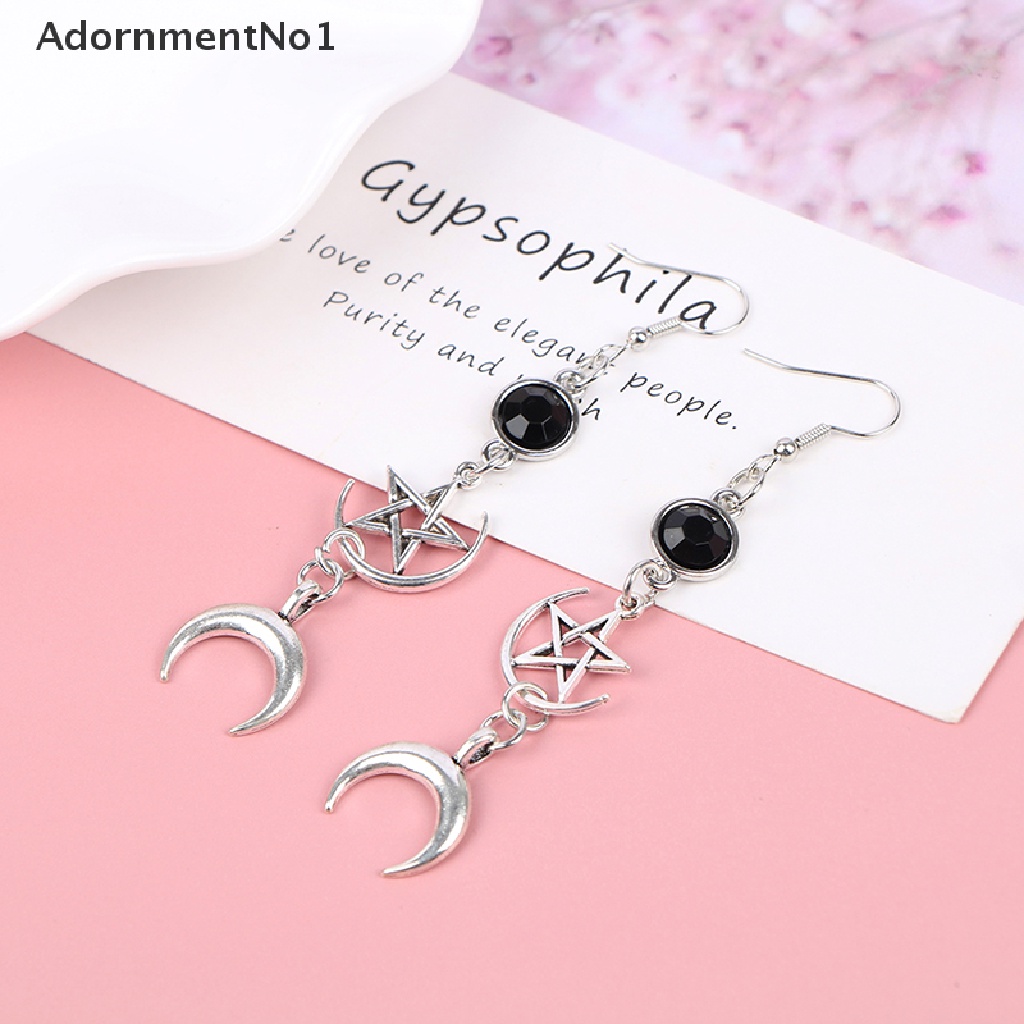 (AdornmentNo1) Anting Tusuk Gantung Desain Bulan Sabit + Bintang + Batu Kelahiran Hitam Gaya Gothic Untuk Wanita