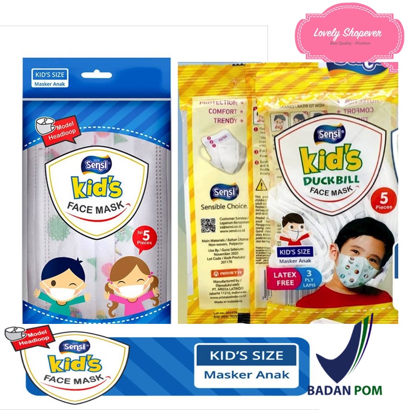 MASKER SENSI Masker Anak / Kids Face Mask Headloop Duck Bill Earloop Head Ear Loop 3 Ply 3Ply isi 5 pcs