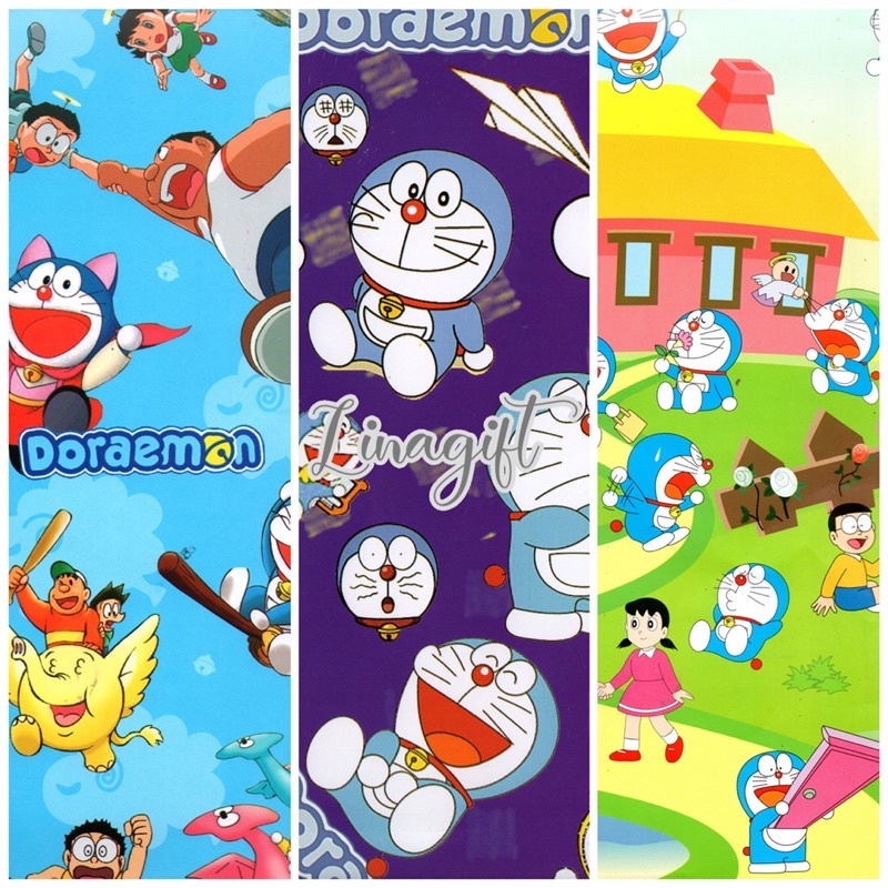 ( 5 Lembar ) SR DORAEMON -KERTAS KADO GLOSY - GIFT WRAP PAPER HAPPY BIRTHDAY NOBITA SIZUKA GIANT SUNEO AND FRIENDS