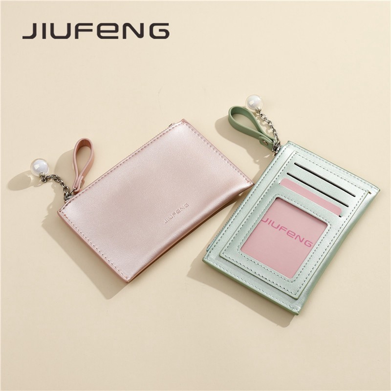 JIUFENG Dompet Kartu Bahan PU Aneka Warna Aksen Ritsleting untuk Wanita