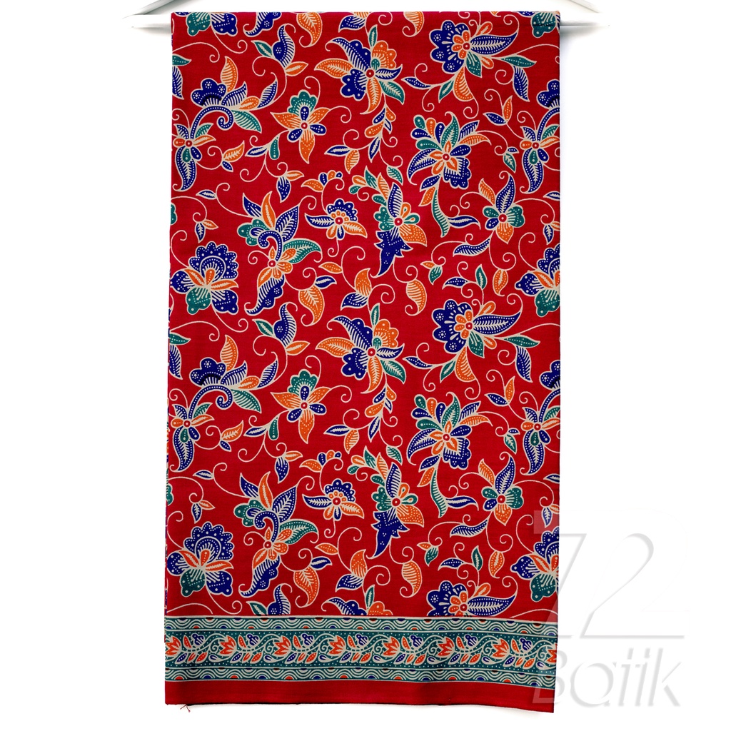 KAIN BATIK PREMIUM Bahan Katun Motif Kembang Warna Merah Orange Oranye Biru 723098 Cap 72 Jarik Jarit Samping Kebat Panjang Batik Katun Modern Premium Bahan Seragam Batik Pernikahan Kantor Keluarga Murah Kamen Jadi Batik Bali Lembaran