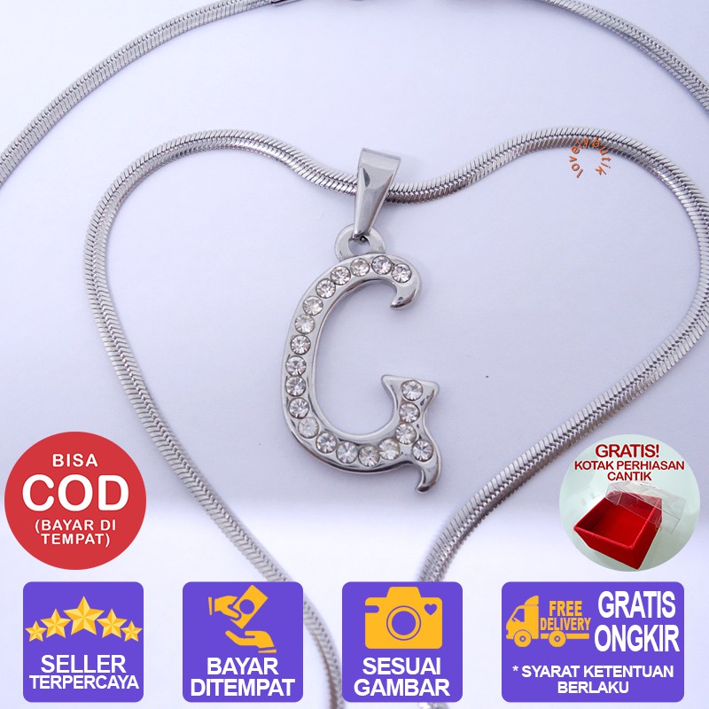 Lovelybutik Honey Kalung Huruf Titanium Anti Karat Inisial G Uk 45 cm BONUS KOTAK PERHIASAN