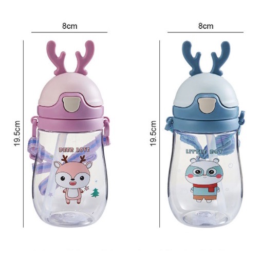 Botol Minum Anak Lucu Tanduk Rusa Dengan Sedotan &amp; Tali 380ml BPA FREE